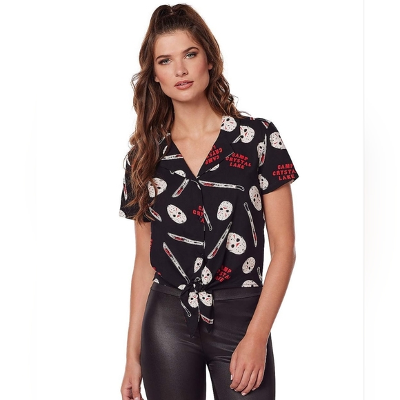 Friday The 13th Tops - 🥮Jason Voorhees Tie Front Shirt - Friday the 13th in Black Red and White